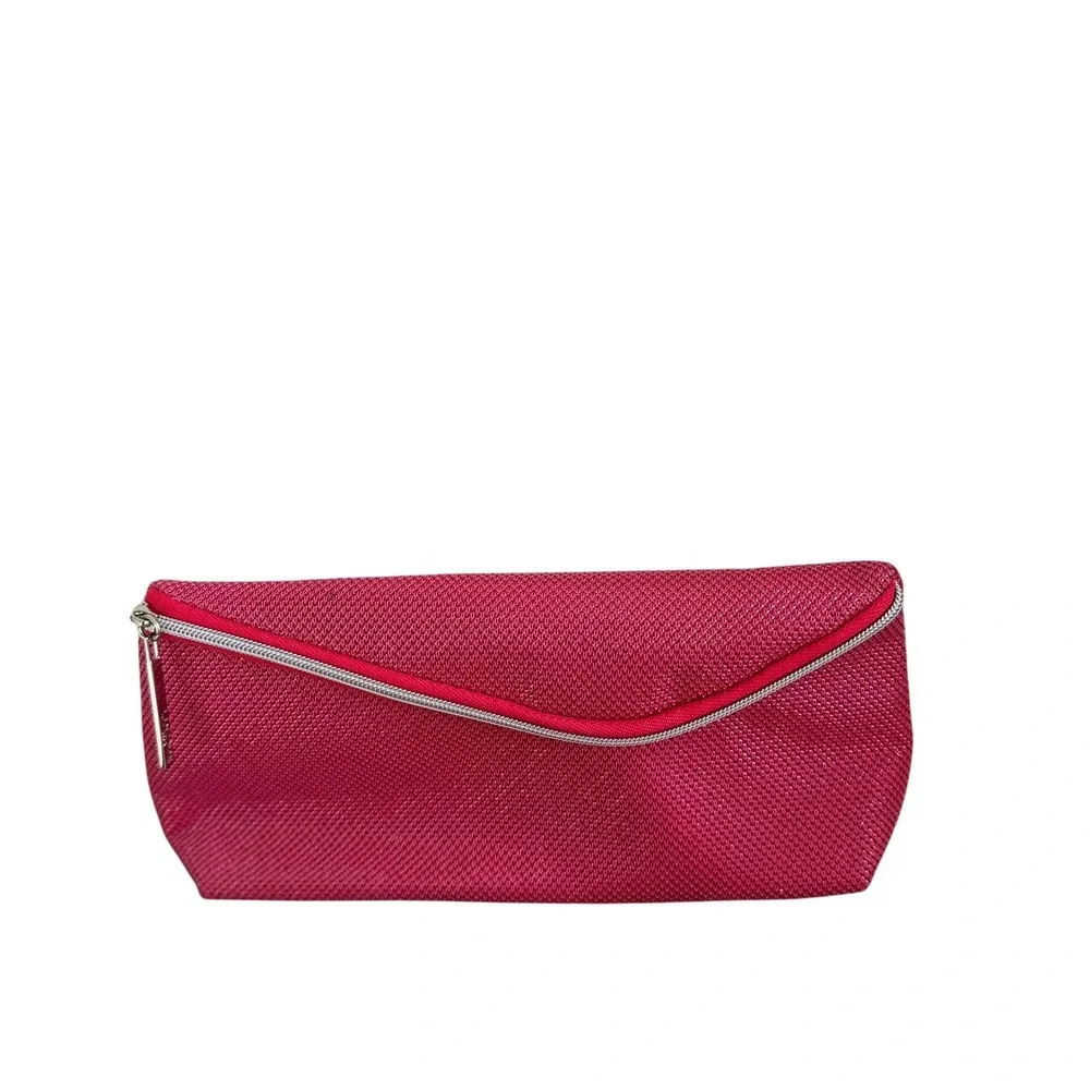 Lancome Paris Pink Textured Woven Cosmetic Makeup Bag Asymmetric Zip‎ Pouch